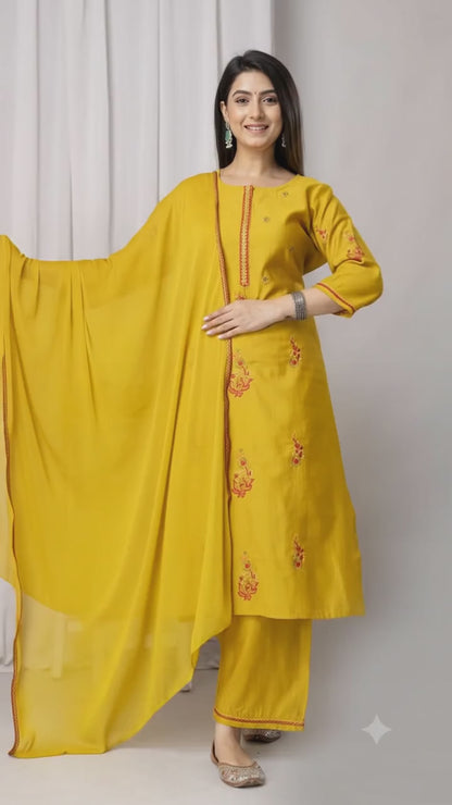 Mustard Yellow Straight-Cut Suit with Subtle Embroidery