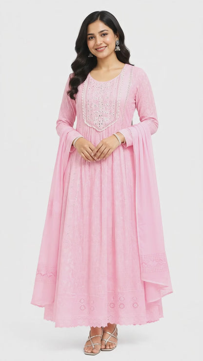 Ruaati Women Mul Cotton Baby Pink Embroidered Anarkali Suit Set with Dupatta
