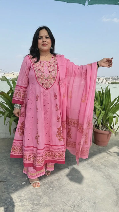 Ruaati Women Mul Cotton Elegant Pink Anarkali Embroidered Kurta Pant Set with Dupatta