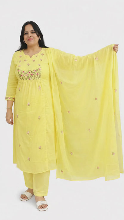 Ruaati Women Pure Mul Cotton Yellow Embroidery Kurta Pant Dupatta Set