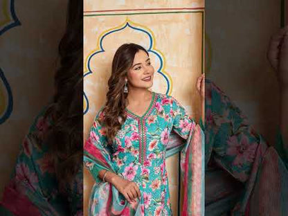 Elegant Designer Dress – Embroidered Digital Print with Cutwork Detailing, and Mirror Work on Neck, Anarkali Style, dupatta is a lightweight, Superior Quality Cotton Fabric. 3 Pc Sets.