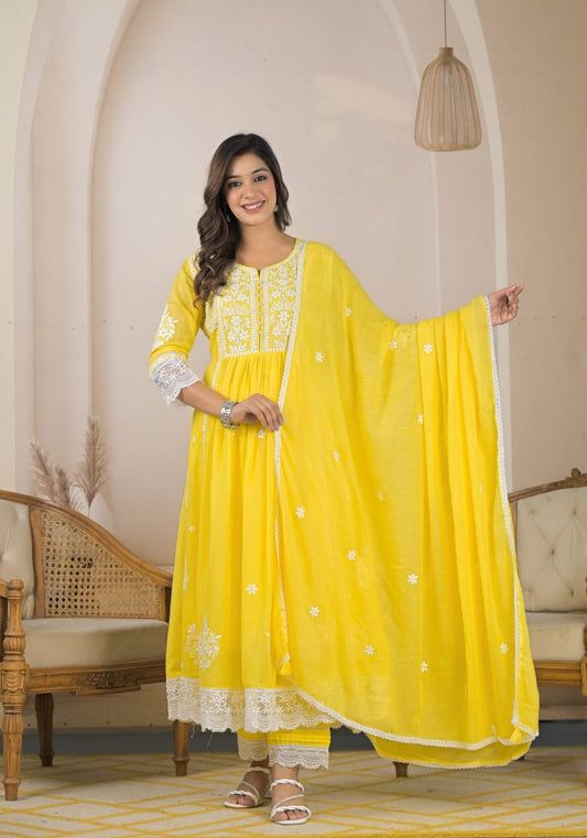Designer Yellow Color Suit with Full Embroidery work in round Neck, Sleeves (Lace work) and Bottom (Lace work) A-Line Set. Kota Doria Dupatta with Beautiful Lace, Rich Cotton Fabric. 3 Pc Sets.