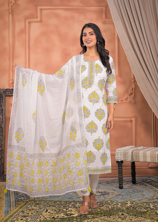 Simple and Beautiful Pure Cotton Mal Mal Suit Set with Hand Work & Block Printed Dupatta, Superior Quality Cotton Fabric. 3 Pc Sets.