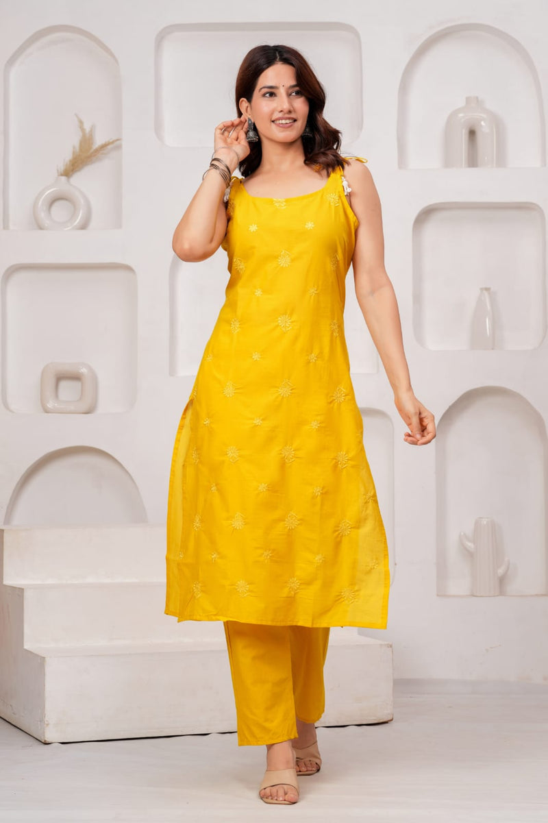 Yellow Embroidered Sleeveless Kurta Set