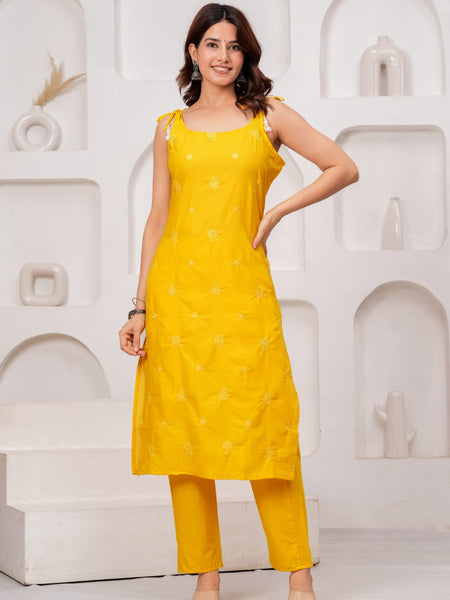 Yellow Embroidered Sleeveless Kurta Set
