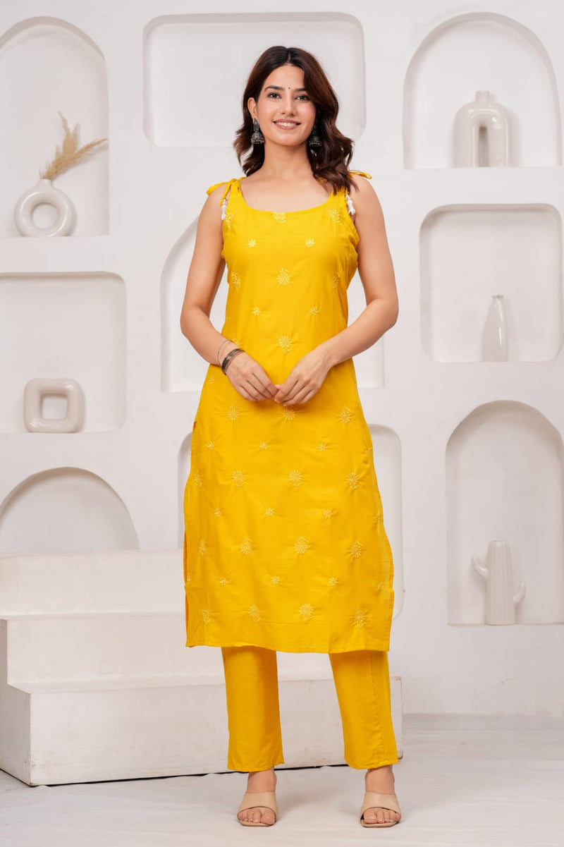 Yellow Embroidered Sleeveless Kurta Set