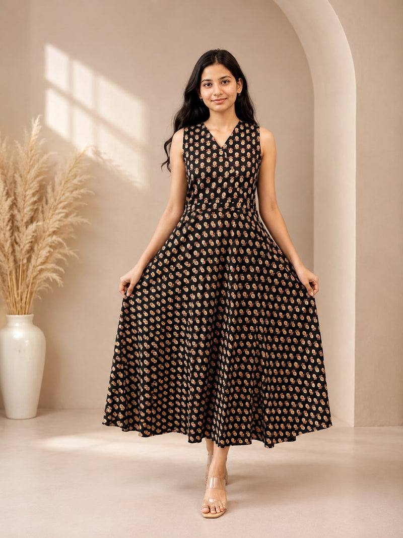 Multicolor Floral Printed Flared Midi Dress