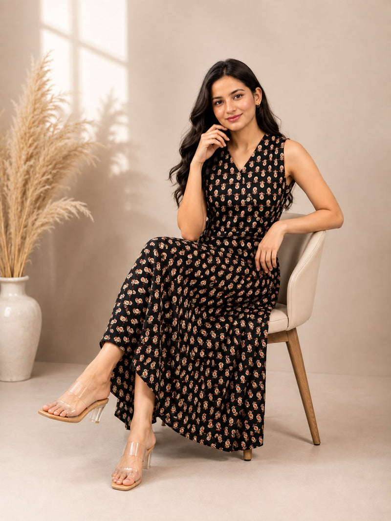 Multicolor Floral Printed Flared Midi Dress