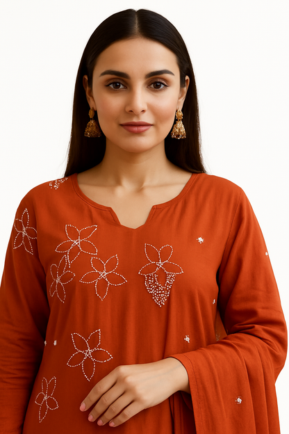 Ruaati Women Cotton Embroidery Kurta Pant Dupatta 3 PC. Suit for Festive Wear