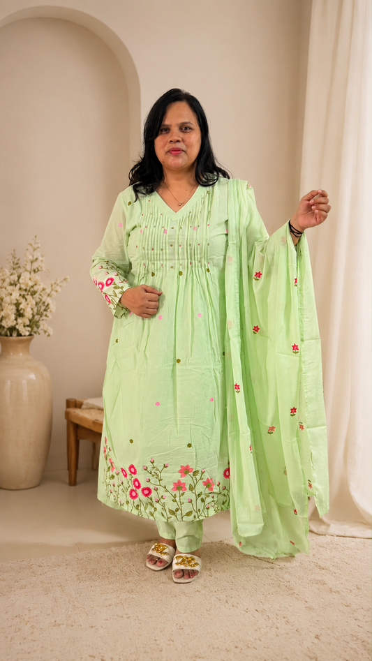 Ruaati Women's Mint Green Embroidered Mul Cotton A-Line Kurta Pant with Embroidered Dupatta | Floral Ethnic Suit Set | Festive & Casual Wear