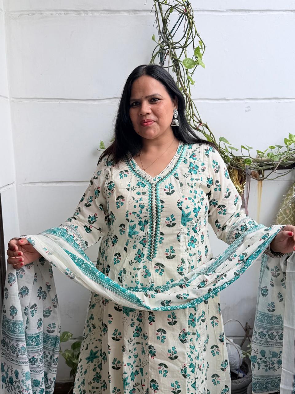 Ruaati Women Mul Cotton Cream & Teal Floral Printed Anarkali Suit Set with Dupatta