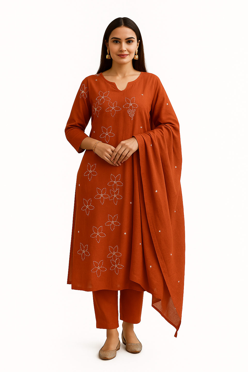 Ruaati Women Cotton Embroidery Kurta Pant Dupatta 3 PC. Suit for Festive Wear