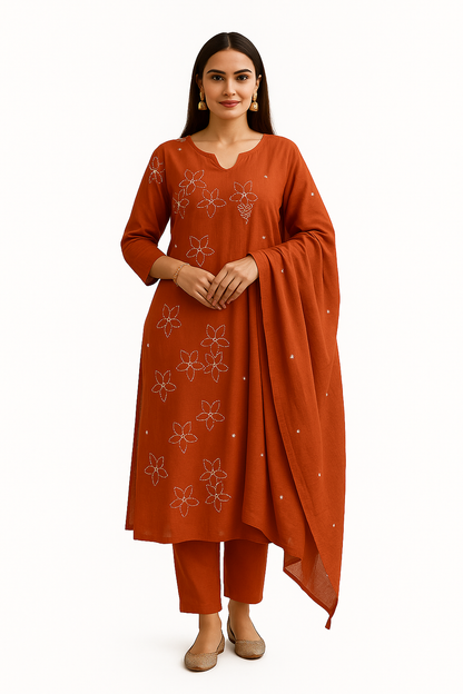 Ruaati Women Cotton Embroidery Kurta Pant Dupatta 3 PC. Suit for Festive Wear