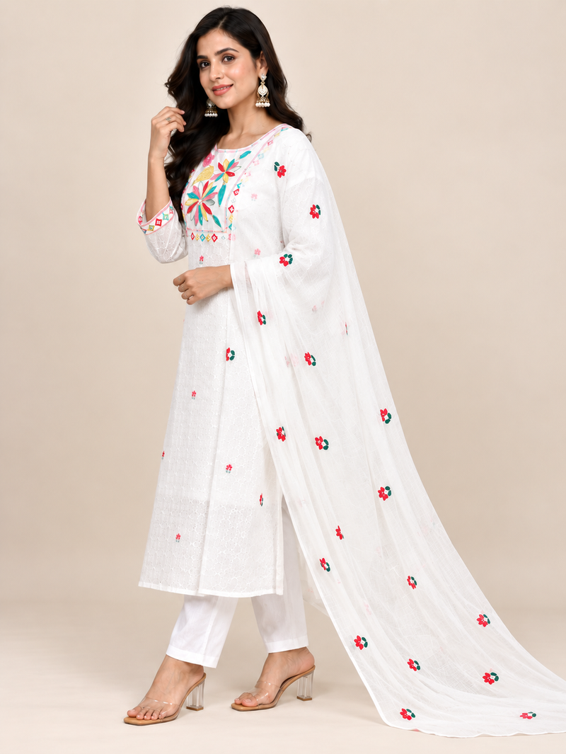 White Mul Cotton Embroidered Suit Set