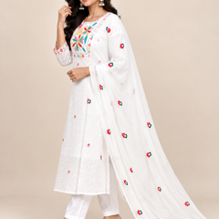 White Mul Cotton Embroidered Suit Set
