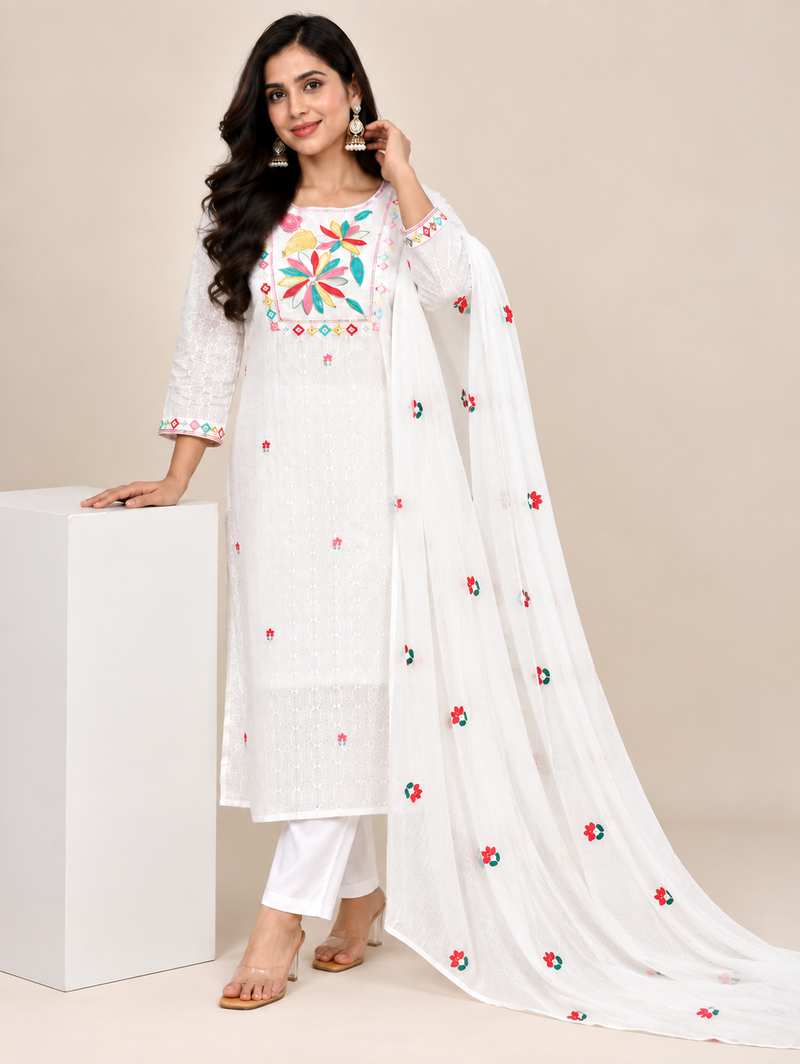 White Mul Cotton Embroidered Suit Set