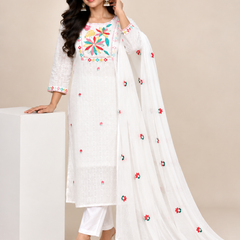White Mul Cotton Embroidered Suit Set