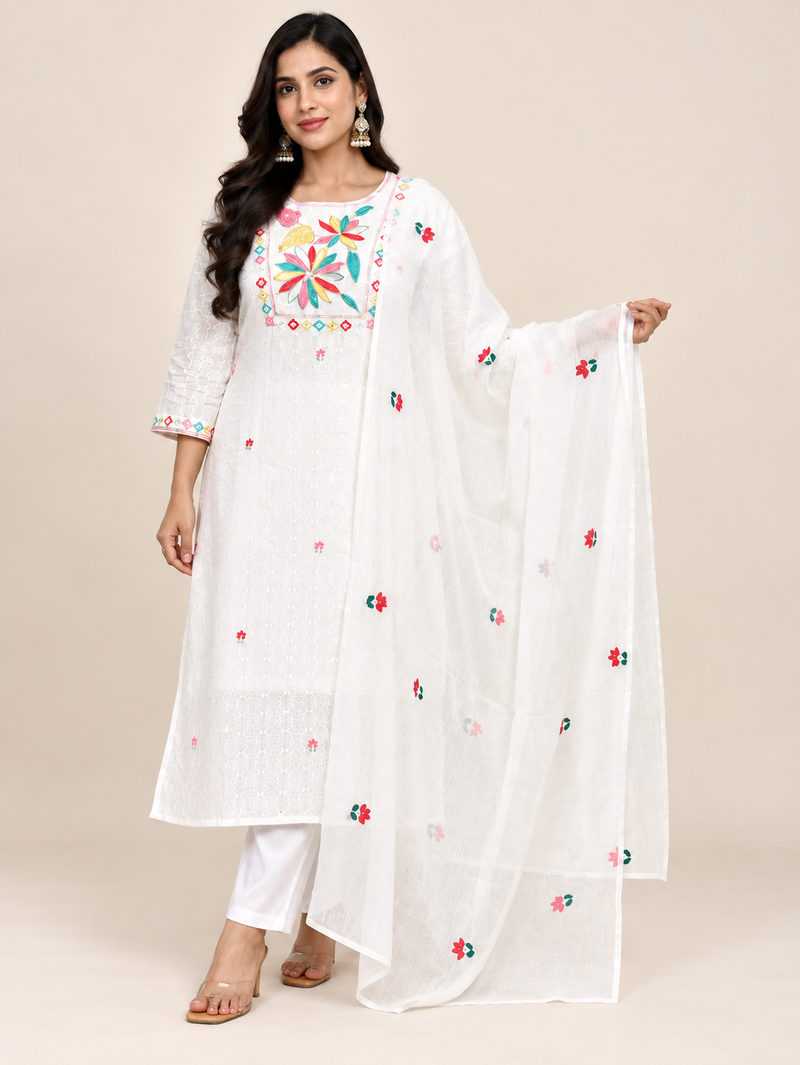 White Mul Cotton Embroidered Suit Set
