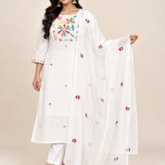 White Mul Cotton Embroidered Suit Set
