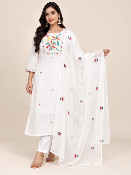 White Mul Cotton Embroidered Suit Set