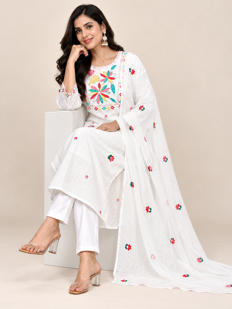 White Mul Cotton Embroidered Suit Set