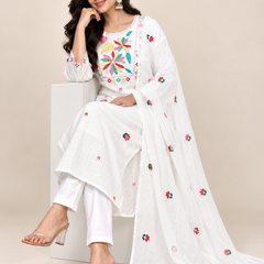 White Mul Cotton Embroidered Suit Set