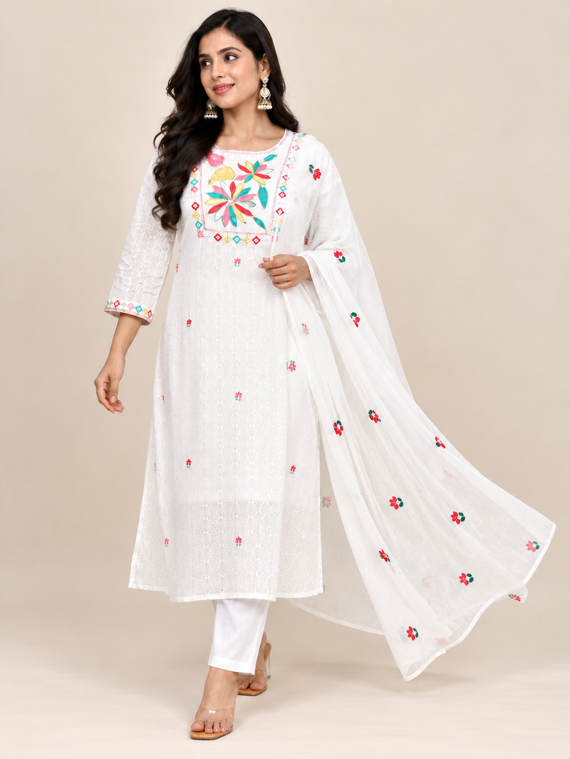 White Mul Cotton Embroidered Suit Set