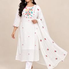 White Mul Cotton Embroidered Suit Set