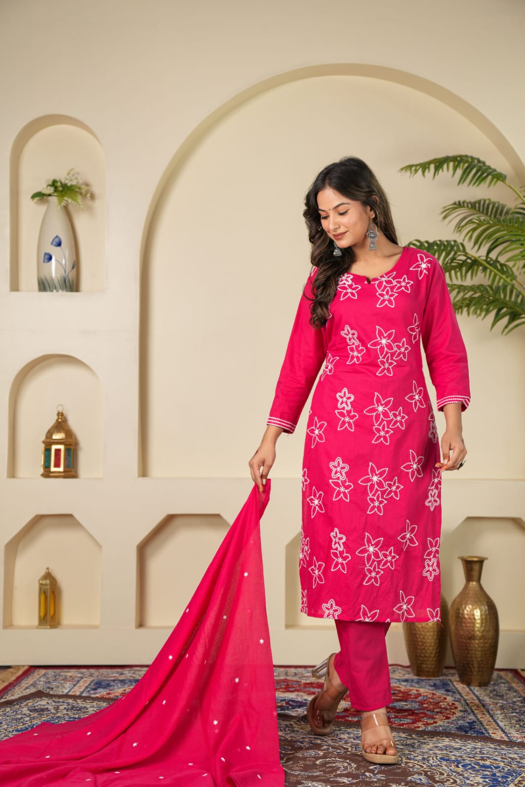 Ruaati Women Cotton Embroidery Kurta Pant Dupatta 3 PC. Suit for Festive Wear