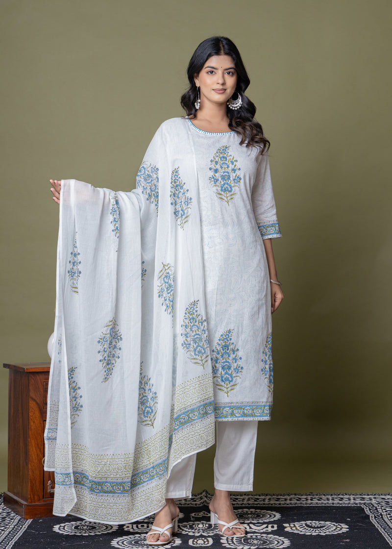 White Floral Printed Straight Mul Cotton Suit Set
