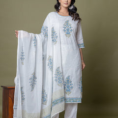 White Floral Printed Straight Mul Cotton Suit Set