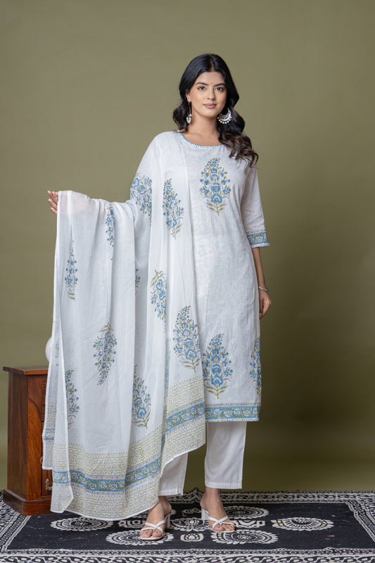 Beautiful & Sober Floral White and Blue Pure Cotton (Mul Cotton fabric) hand work hand block print. Superior Quality Cotton Fabric. 3 Pc Sets.