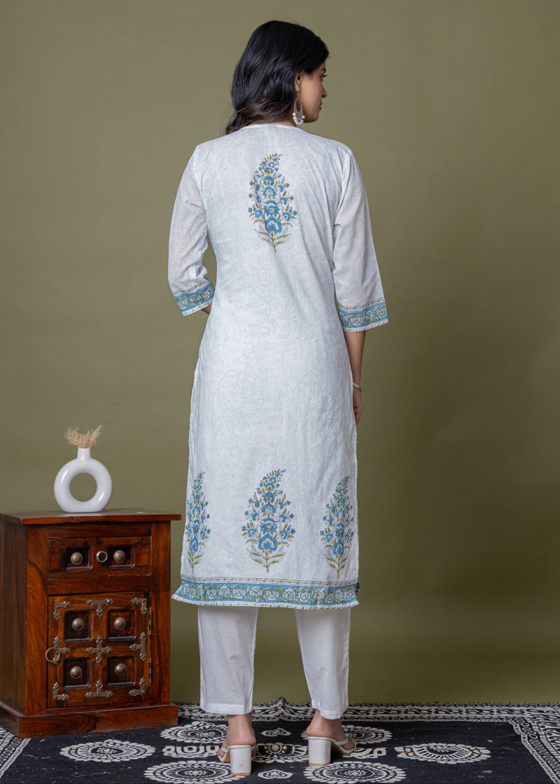White Floral Printed Straight Mul Cotton Suit Set