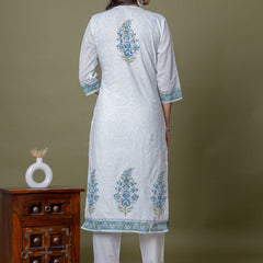 White Floral Printed Straight Mul Cotton Suit Set