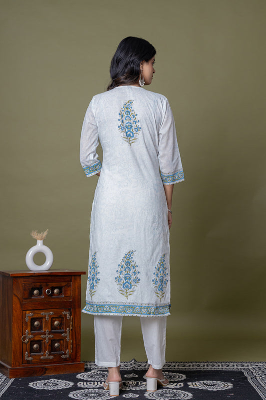 Beautiful & Sober Floral White and Blue Pure Cotton (Mul Cotton fabric) hand work hand block print. Superior Quality Cotton Fabric. 3 Pc Sets.