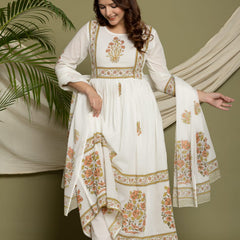 Ruaati Premium White Mul Cotton Anarkali Suit with Floral Printed Border & Elegant
