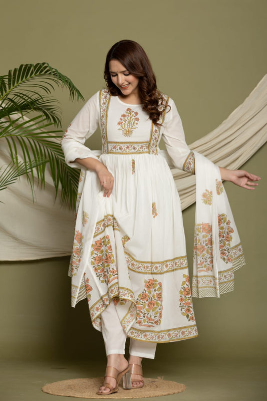 Elegant Rich Mul Cotton A Line 3 Pc. Set. Designer Suit with Hand Block Print work in Neck and Bottom. Superior Quality Fabric.