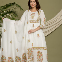 Ruaati Premium White Mul Cotton Anarkali Suit with Floral Printed Border & Elegant