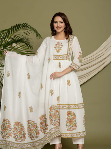 Ruaati Premium White Mul Cotton Anarkali Suit with Floral Printed Border & Elegant
