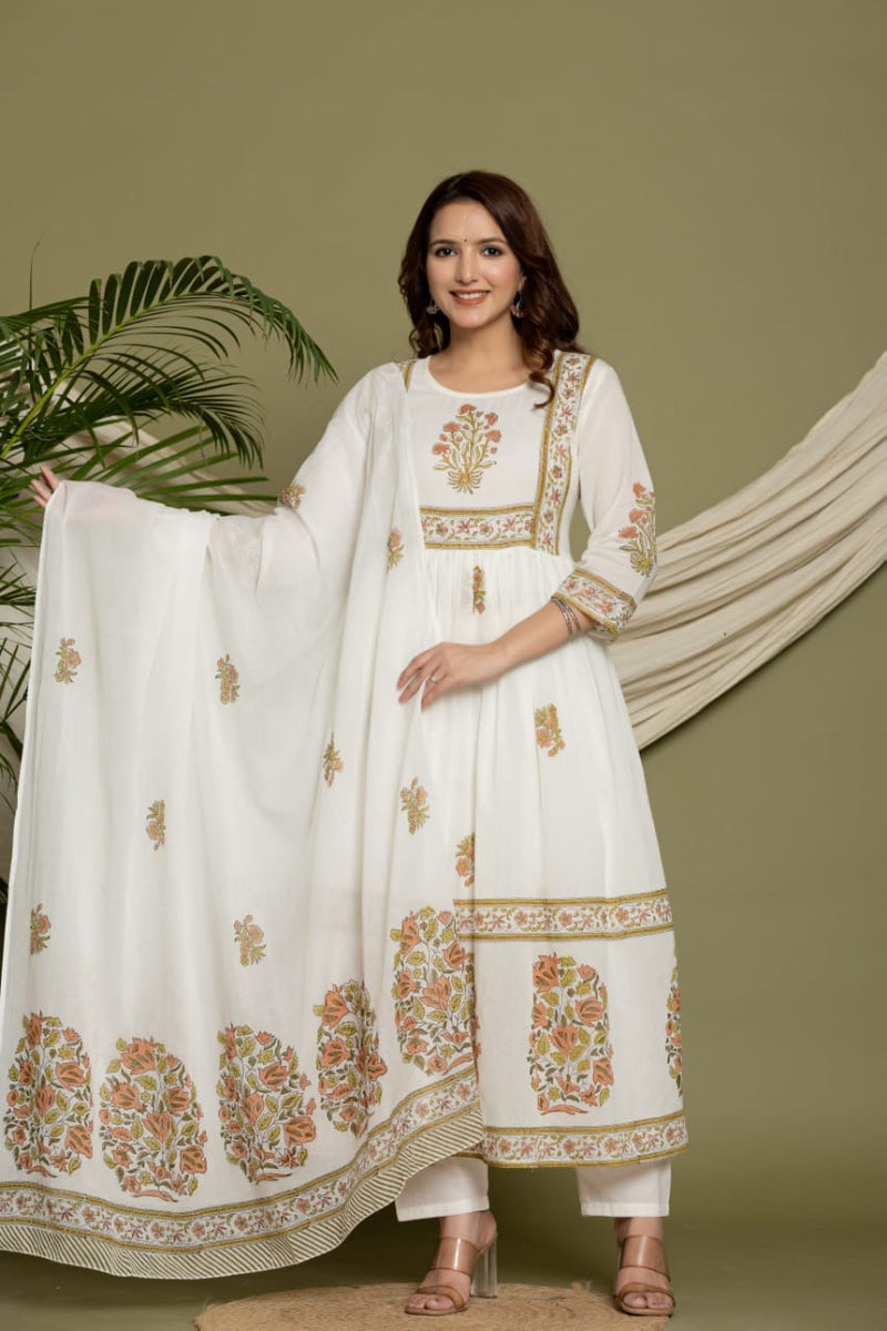 Ruaati Premium White Mul Cotton Anarkali Suit with Floral Printed Border & Elegant