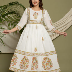 Ruaati Premium White Mul Cotton Anarkali Suit with Floral Printed Border & Elegant
