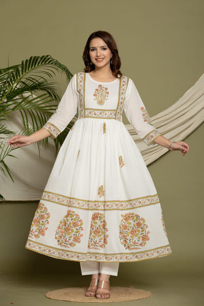 Elegant Rich Mul Cotton A Line 3 Pc. Set. Designer Suit with Hand Block Print work in Neck and Bottom. Superior Quality Fabric.