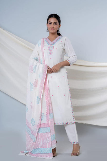 Elegant Off White Cotton 3-Piece Suit with Embroidery work in Neck and Bottom Pure Cotton Mal Mal Gown Set. Superior Quality Cotton Fabric. 3 Pc Sets