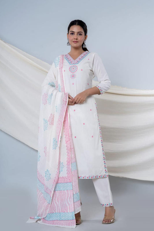 Elegant Off White Cotton 3-Piece Suit with Embroidery work in Neck and Bottom Pure Cotton Mal Mal Gown Set. Superior Quality Cotton Fabric. 3 Pc Sets