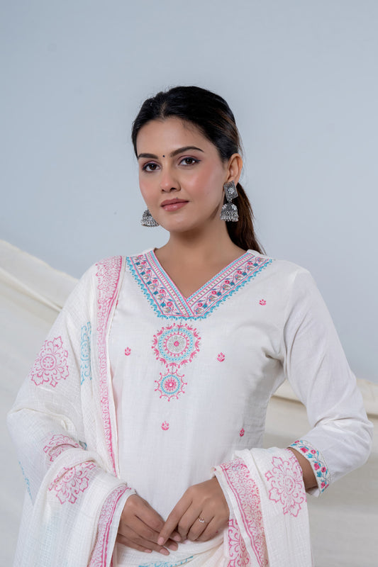 Elegant Off White Cotton 3-Piece Suit with Embroidery work in Neck and Bottom Pure Cotton Mal Mal Gown Set. Superior Quality Cotton Fabric. 3 Pc Sets