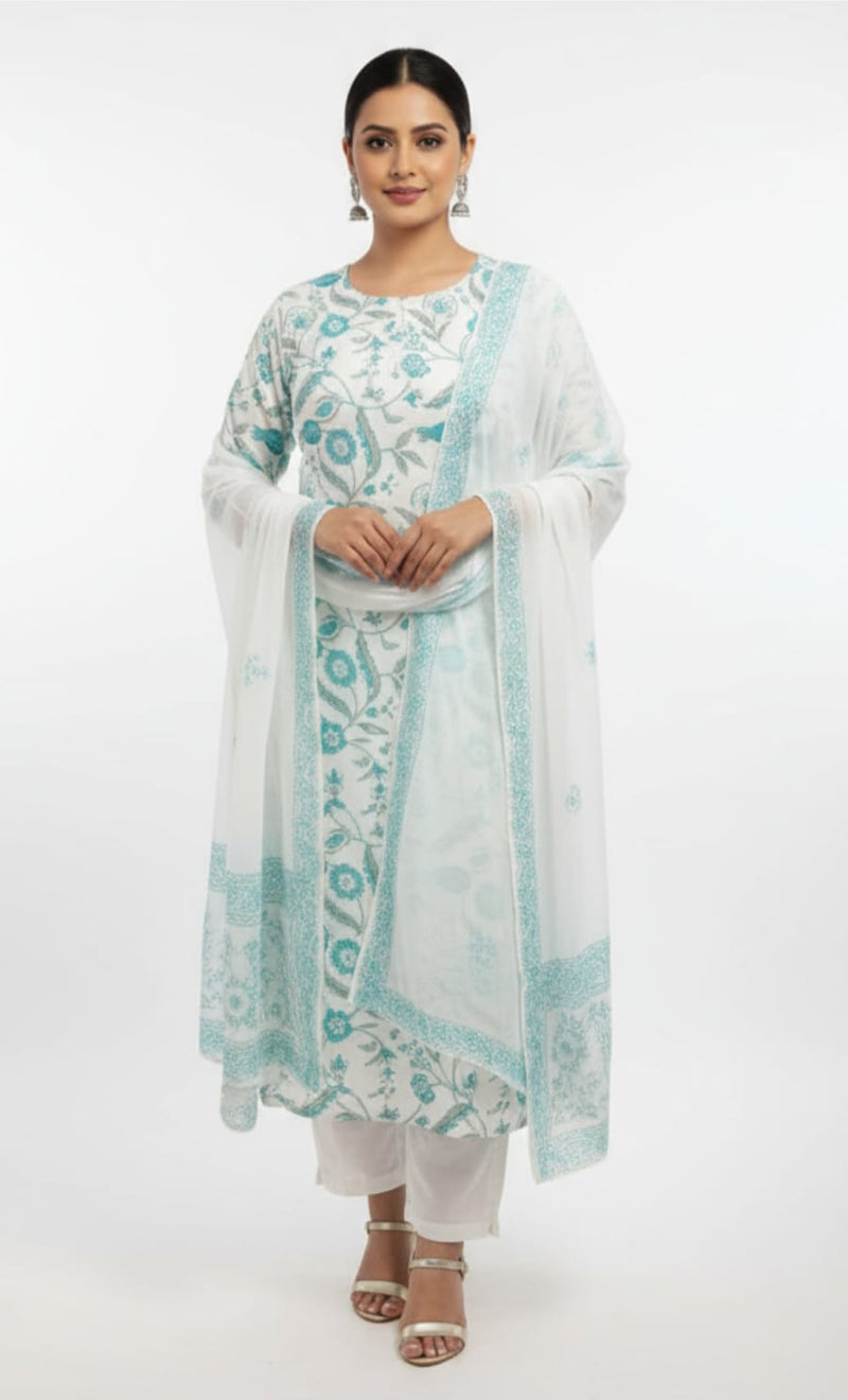 Ruaati Premium White & Turquoise Floral Printed Cotton Suit Set with Matching Dupatta