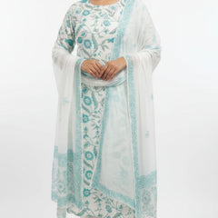 Ruaati Premium White & Turquoise Floral Printed Cotton Suit Set with Matching Dupatta