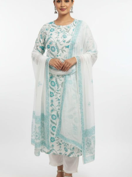 Ruaati Premium White & Turquoise Floral Printed Cotton Suit Set with Matching Dupatta
