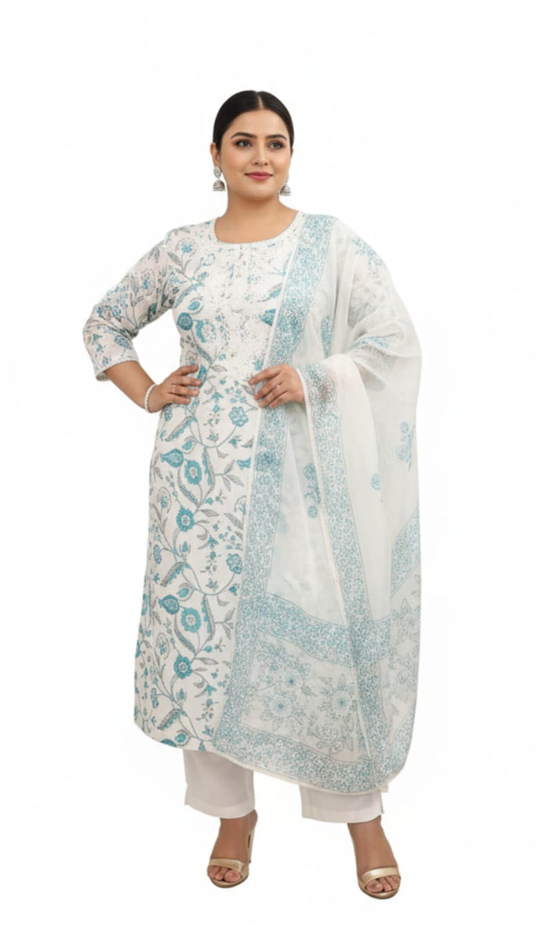 Ruaati Premium White & Turquoise Floral Printed Cotton Suit Set with Matching Dupatta