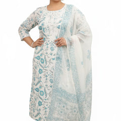 Ruaati Premium White & Turquoise Floral Printed Cotton Suit Set with Matching Dupatta
